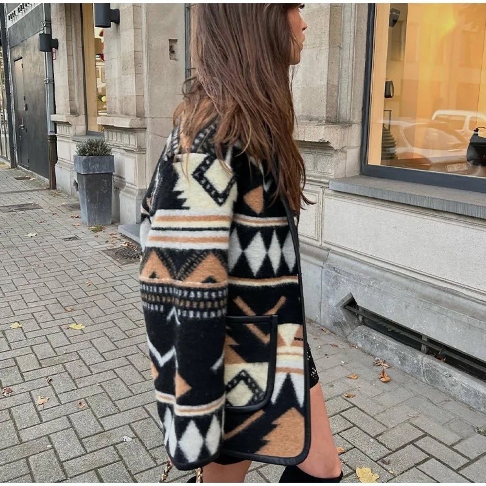 106. LAST 1! CLEARANCE Thin fleece Aztec Black Tribal blazer Lined Jacket Coat - Picture 4 of 12